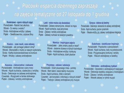 Infografika - tematyka zajęć w placówkach wsparcia dziennego.