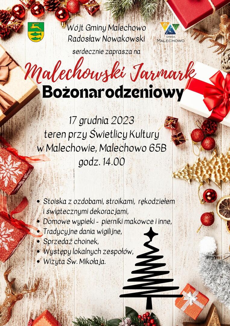 Plakat dot. Jarmarku Bożonarodzeniowego w Malechowie.