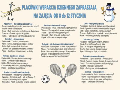 Harmonogram i tematyka zajęć w placówkach wsparcia dziennego.