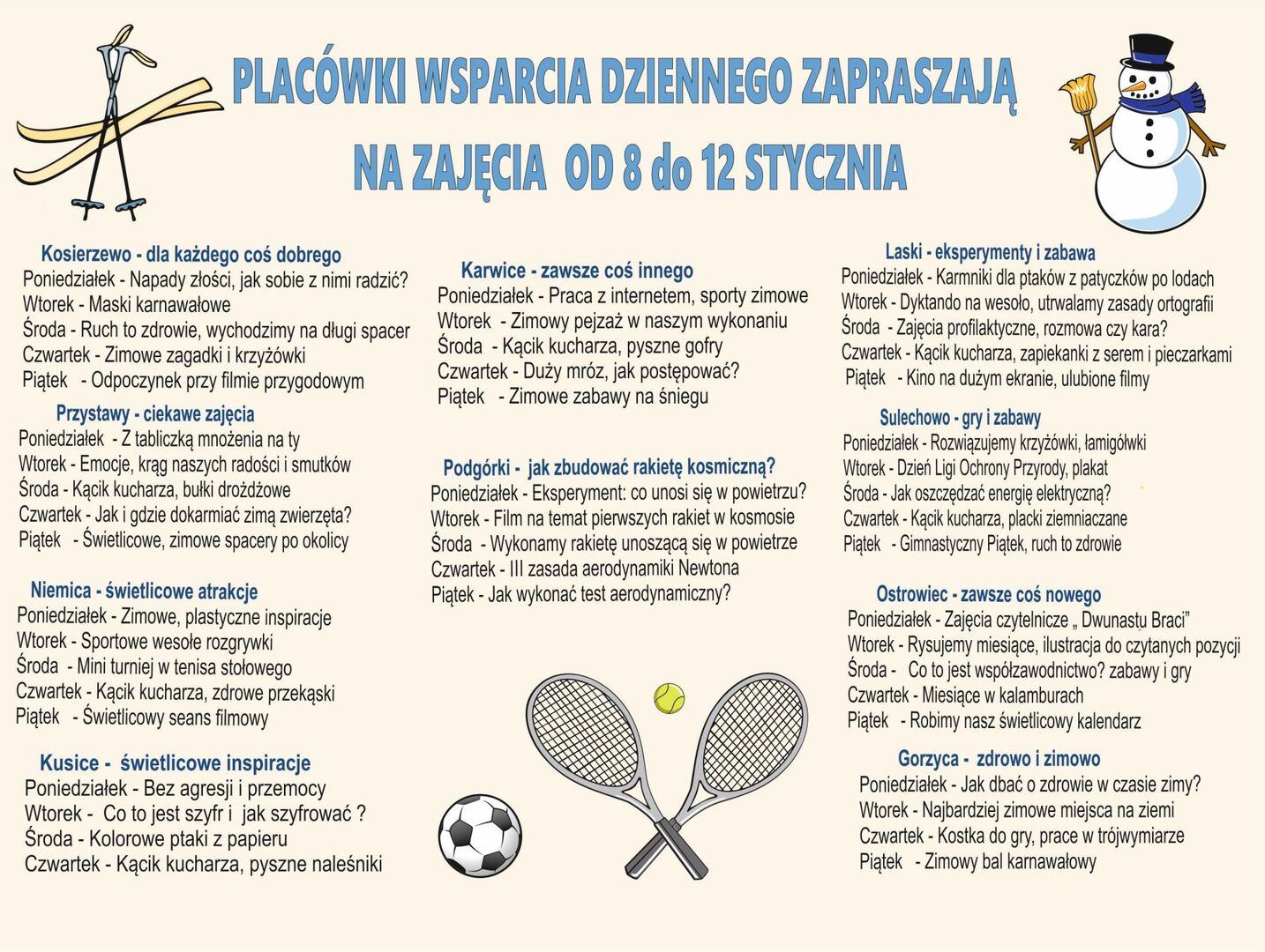 Harmonogram i tematyka zajęć w placówkach wsparcia dziennego.