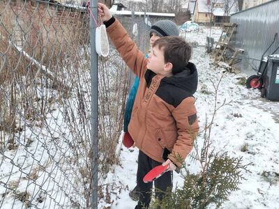 Dzieci zawieszają na płocie mini karmniki dla ptaków.