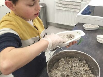 Dzieci napełniały pojemniki z karmą dla ptaków.