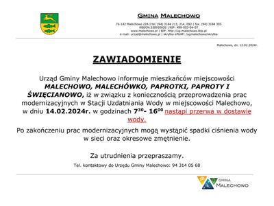 Zawiadomienie o przerwie w dostawie wody - komunikat w formie graficznej.