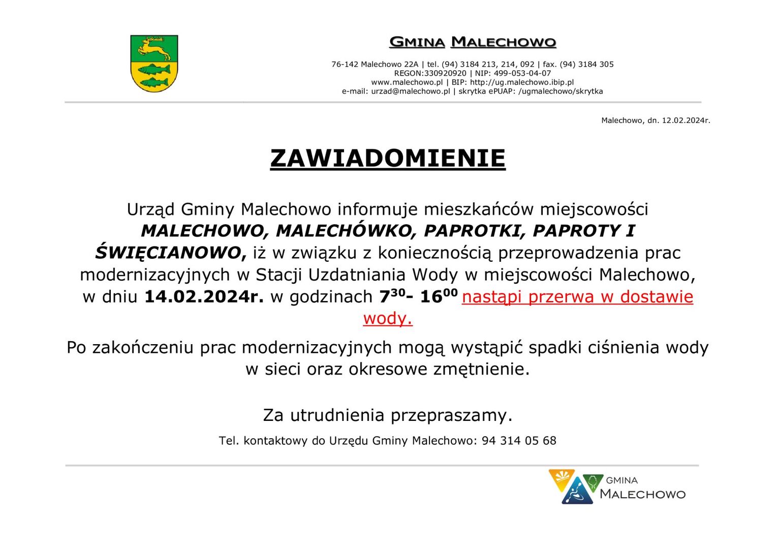 Zawiadomienie o przerwie w dostawie wody - komunikat w formie graficznej.