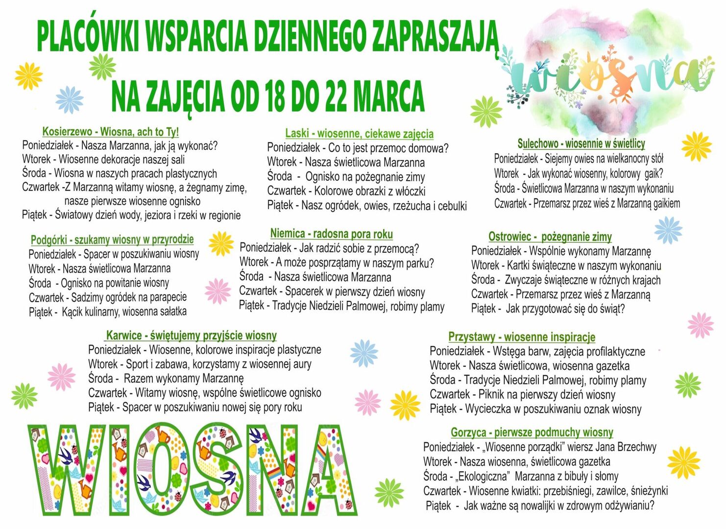 Harmonogram zajęć placówek w formie graficznej.