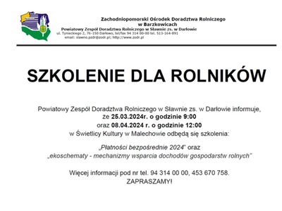 Informacja o szkoleniu dla rolników, które odbędzie się w Świetlicy Kultury w Malechowie.