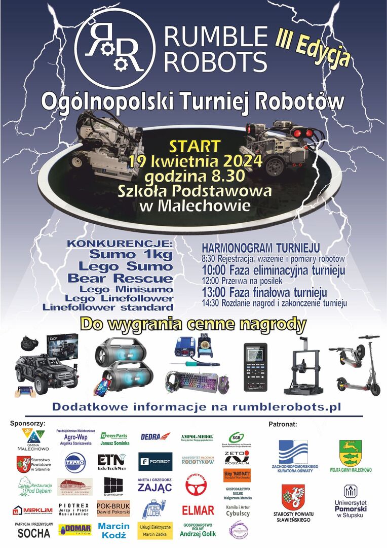 Plakat informujący o Turnieju Robotów Rumble Robots w Malechowie.
