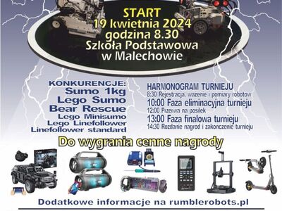 Plakat informujący o Turnieju Robotów Rumble Robots w Malechowie.