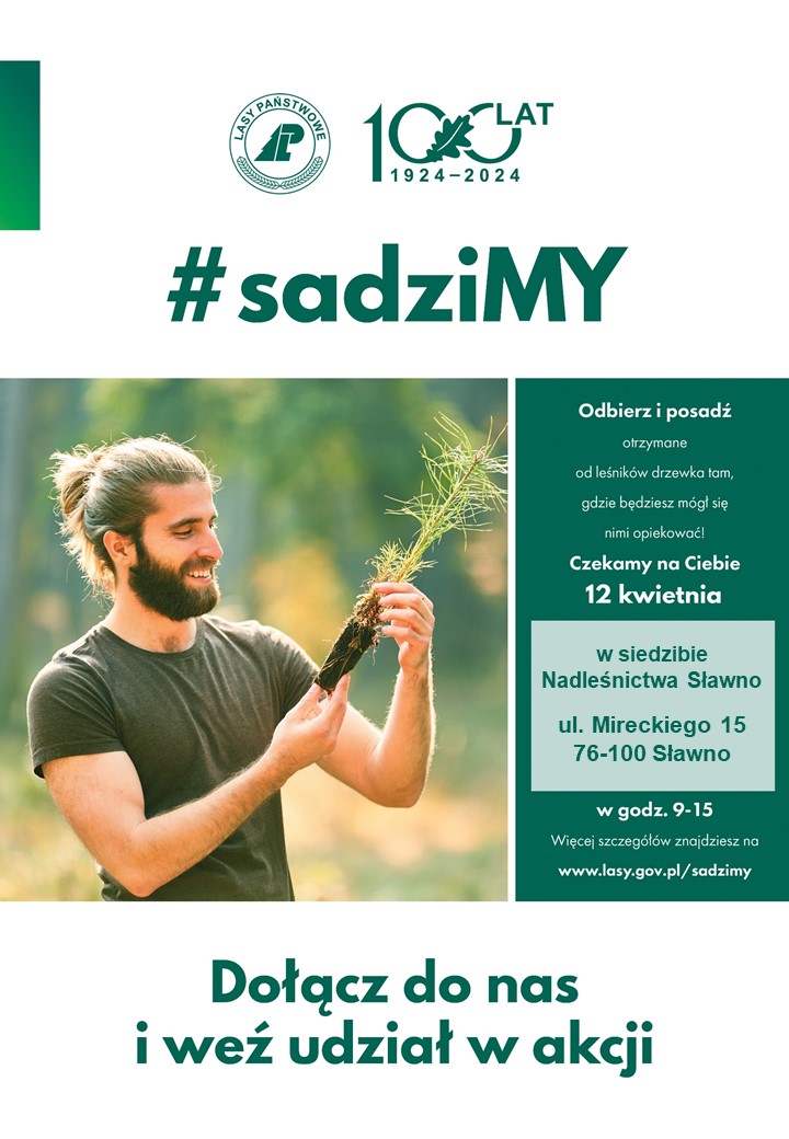 Plakat dotyczący akcji sadzenia drzewek w Nadleśnictwie Sławno 12 kwietnia 2024 r.