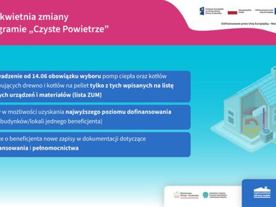 Grafika informacyjno-promocyjna zatytułowana: Od 22 kwietnia zmiany w programie „Czyste Powietrze”. 
W prawym, górny rogu obok siebie widzimy logotypy: Funduszy Europejskich na Infrastrukturę, Klimat, Środowisko, Rzeczpospolitej Polskiej, Unii Europejskiej, Krajowego Planu Odbudowy oraz pod logotypami informację: dofinansowane przez Unię Europejską – NextGenerationEU.
Po lewej stronie widzimy trzy niebieskie pola z informacjami na temat zmian w programie „Czyste Powietrze”:
•	na polu 1