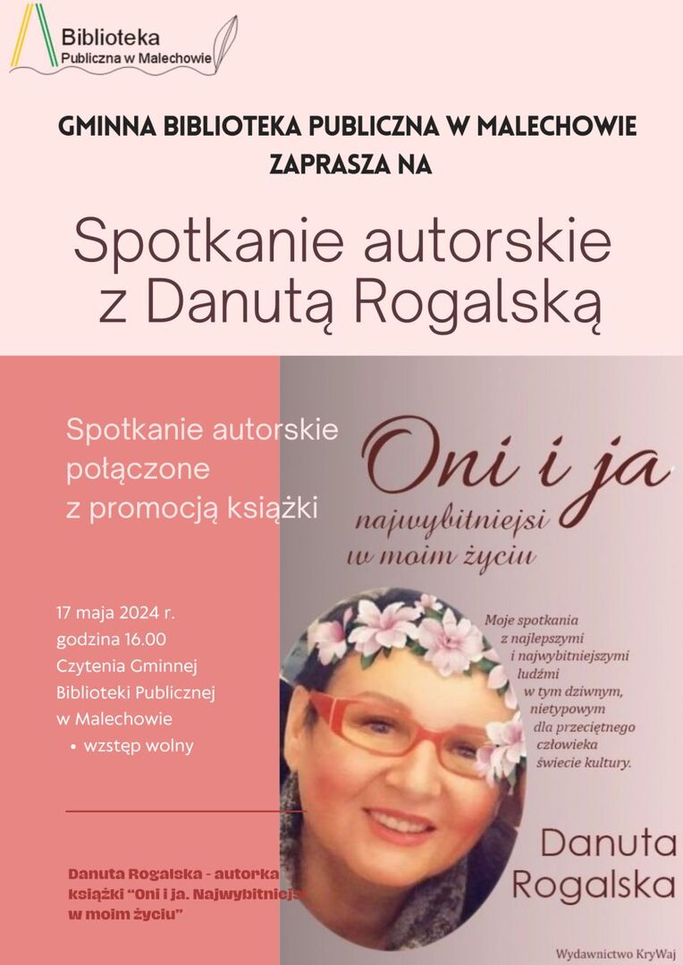 Plakat - spotkanie autorskie z Danutą Rogalską.