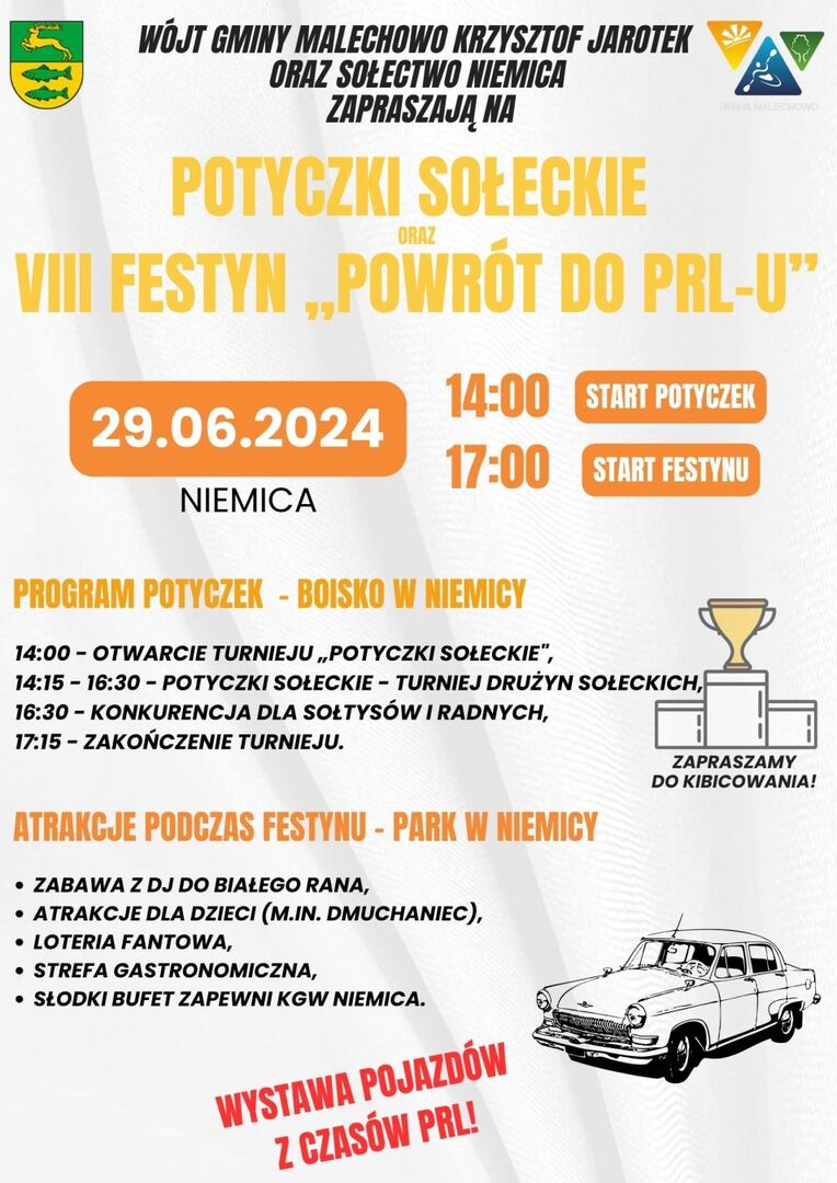 Plakat zapraszający na Potyczki Sołeckie oraz Festyn "Powrót do PRL-u".