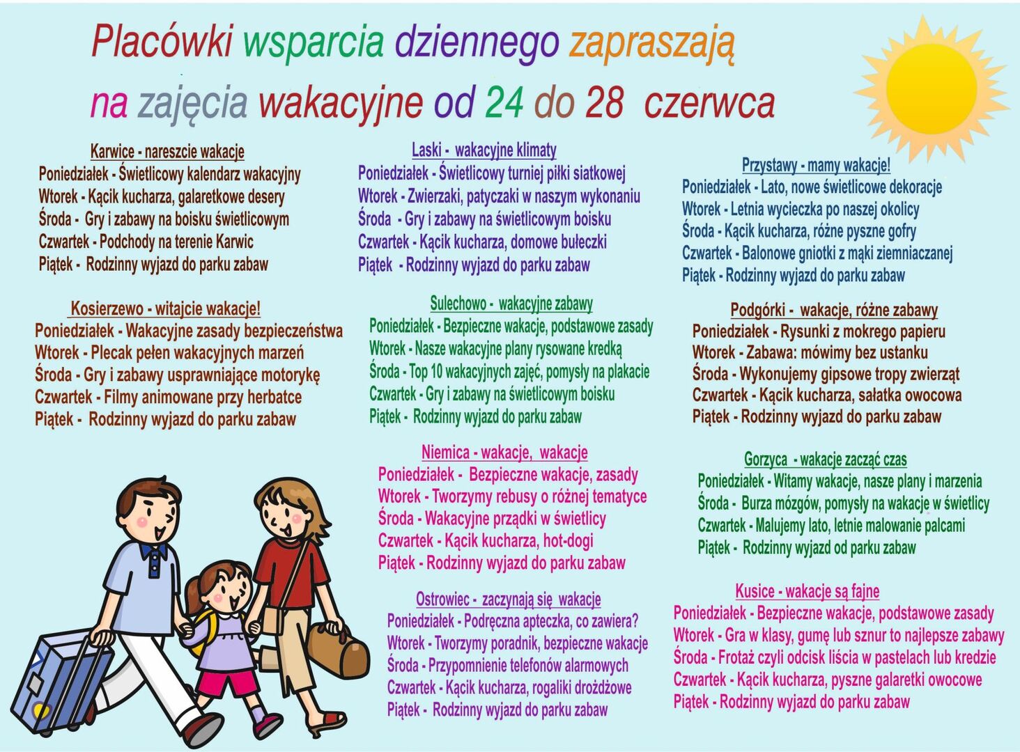 Harmonogram zajęć w poszczególnych placówkach przedstawiony w formie graficznej.