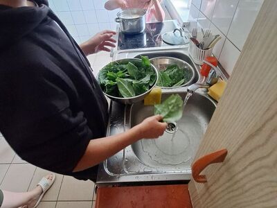 Podopieczni w trakcie warsztatów kulinarnych przygotowują jagodzianki,szpinak zapiekany z makaronem.