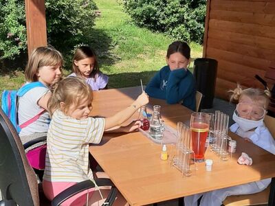 Wychowankowie PWD w Przystawach podczas zajęć z eksperymentowania.