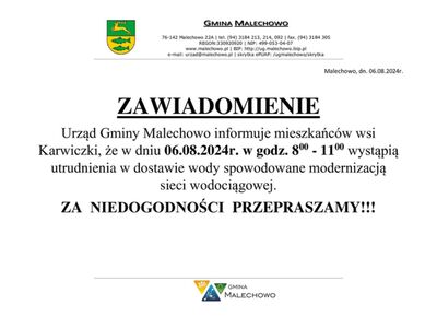 Zawiadomienie o utrudnieniach w dostawie wody.
