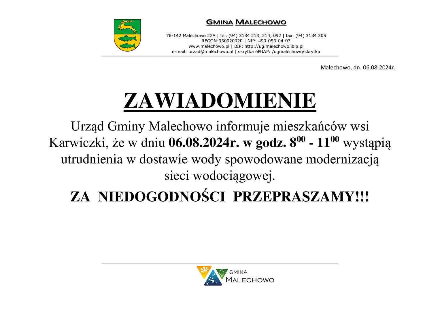 Zawiadomienie o utrudnieniach w dostawie wody.
