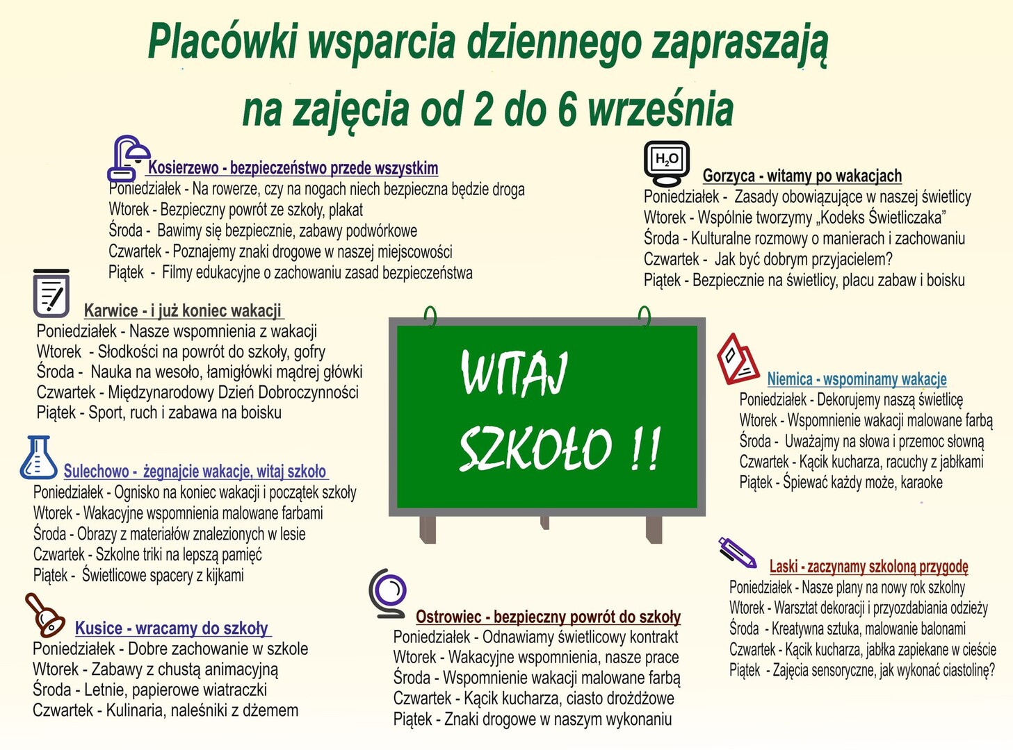 plan zajęć w placówkach