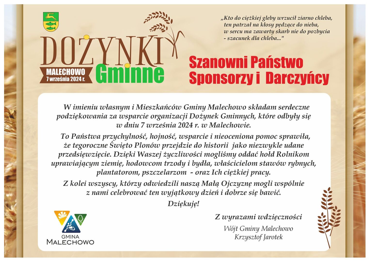 podziękowanie za dożynki