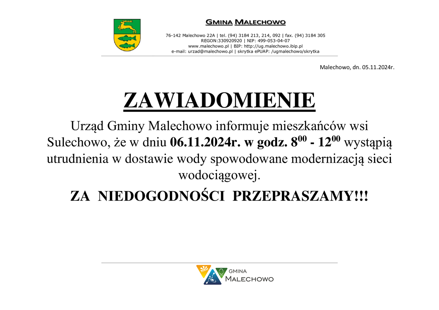 zawiadomienie o utrudnieniach w dostawie wody