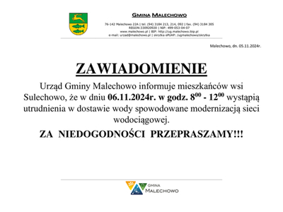 zawiadomienie o utrudnieniach w dostawie wody
