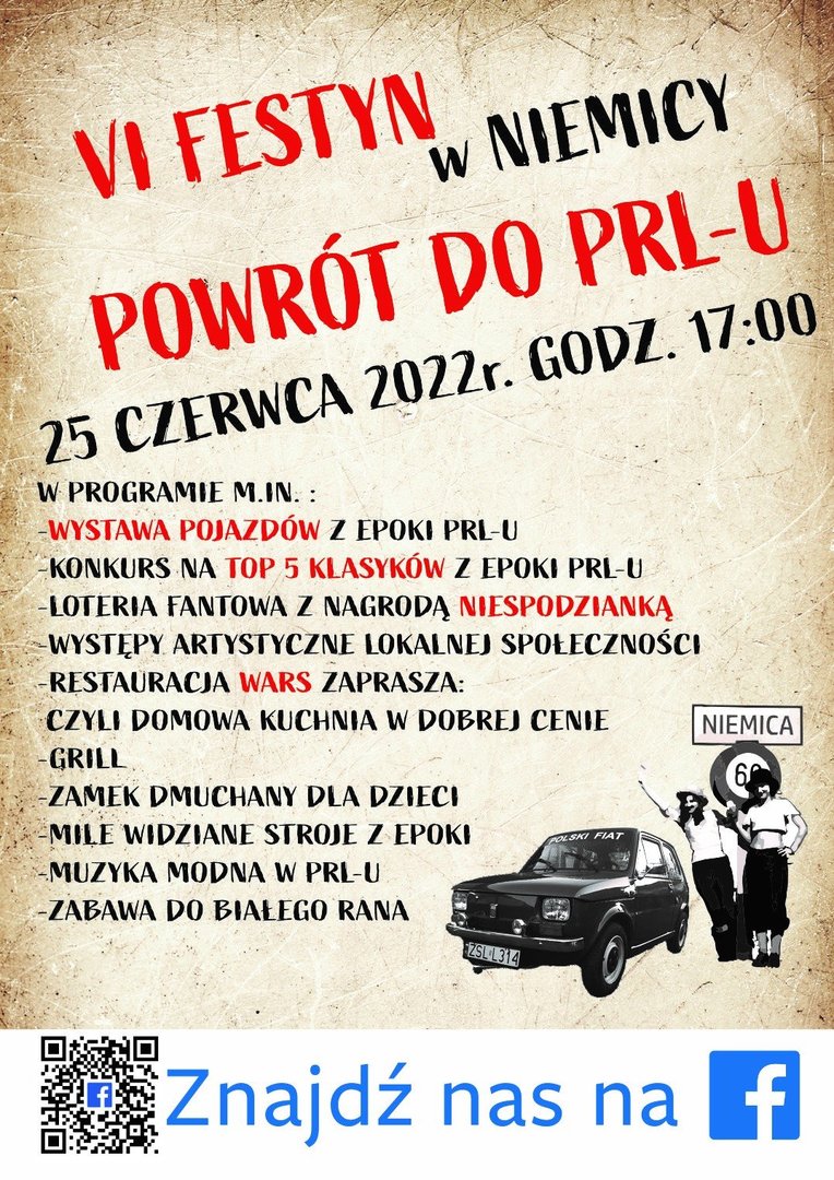 Plakat dotyczący VI. Festynu "Powrót do PRL-u" w Niemicy.