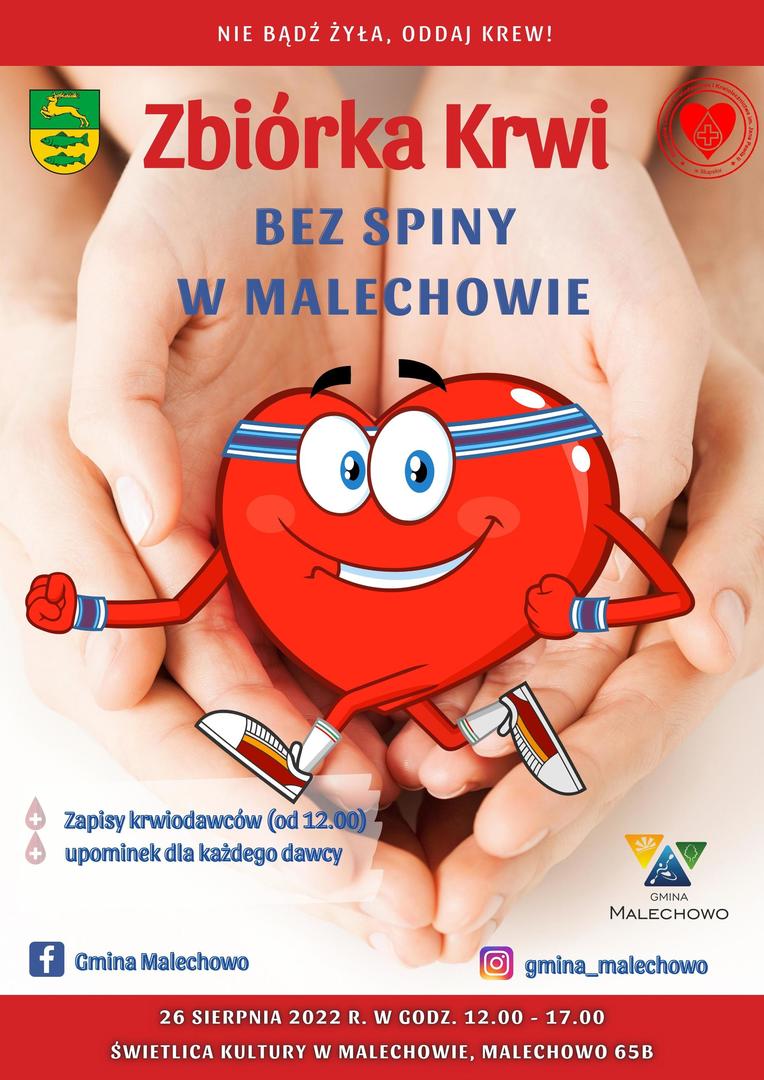 Plakat informujący o Zbiórce krwi "Bez spiny" w dniu 26.08.2022 r.