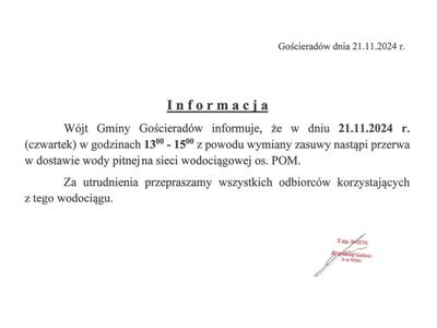 Zdjęcie informacji o przerwie w dostawie wody