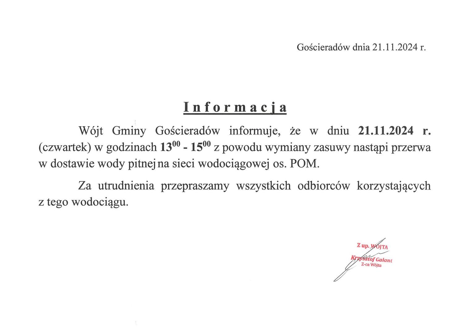 Zdjęcie informacji o przerwie w dostawie wody