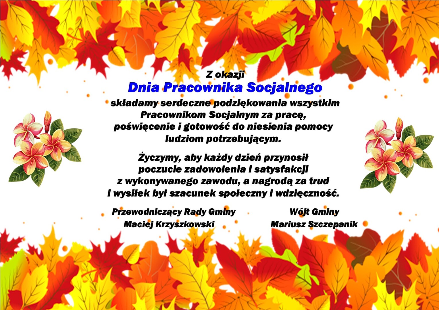 Zdjęcie liści, kwiatów i życzeń dla pracowników socjalnych