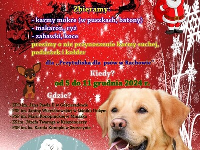 Zdjęcie plakatu z psem i informacją o zbiórce dla Przytuliska