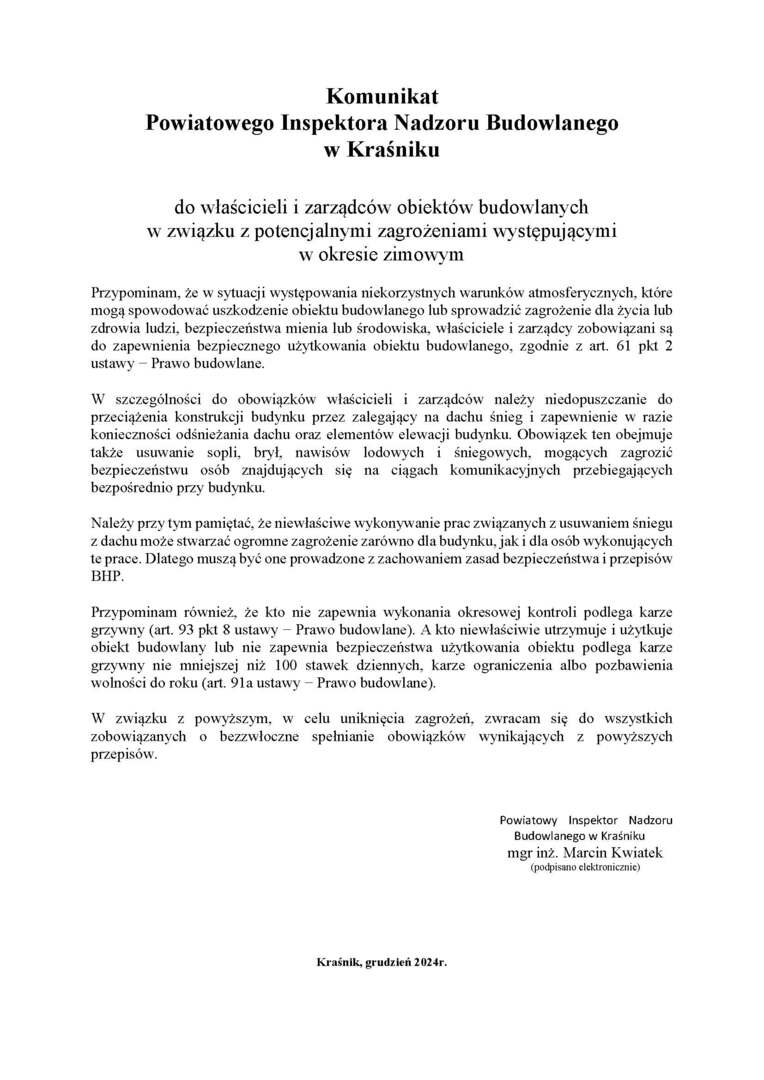 Zdjęcie komunikatu Powiatowego Inspektora Nadzoru Budowlanego w Kraśniku