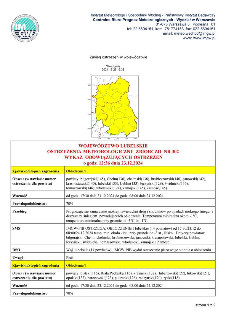ZDJĘCIE OSTRZEŻENIA METEOROLOGICZNE ZBIORCZO - oblodzenie