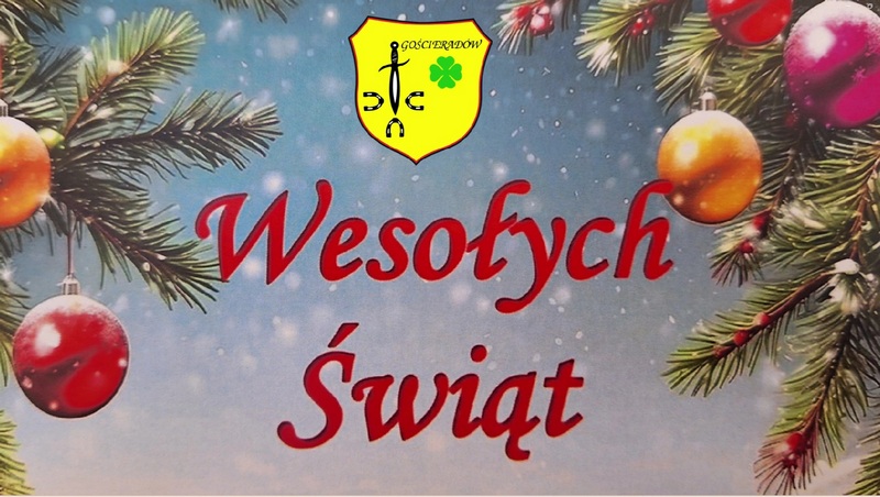 Grafika z wystrojem swiątecznym, logo Gminy Gościeradów oraz napisem Wesołych Świąt.
