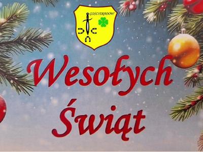 Grafika z wystrojem swiątecznym, logo Gminy Gościeradów oraz napisem Wesołych Świąt.
