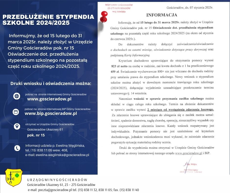 Zdjęcie informacji dotyczącej przedłużenia stypendium szkolnego