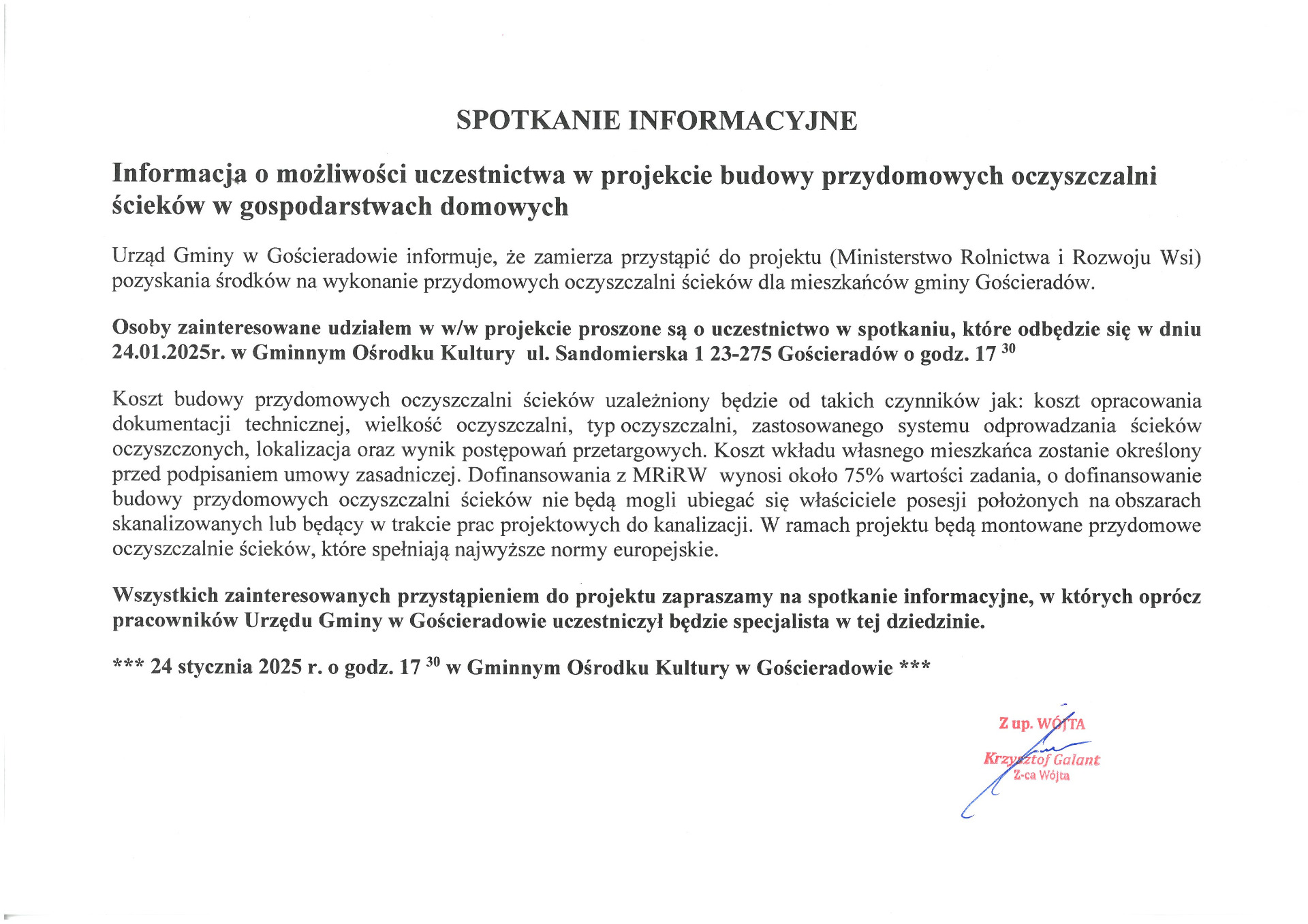 Zdjęcie informacji dotyczącej spotkania ws budowy przydomowych oczyszczalni ścieków