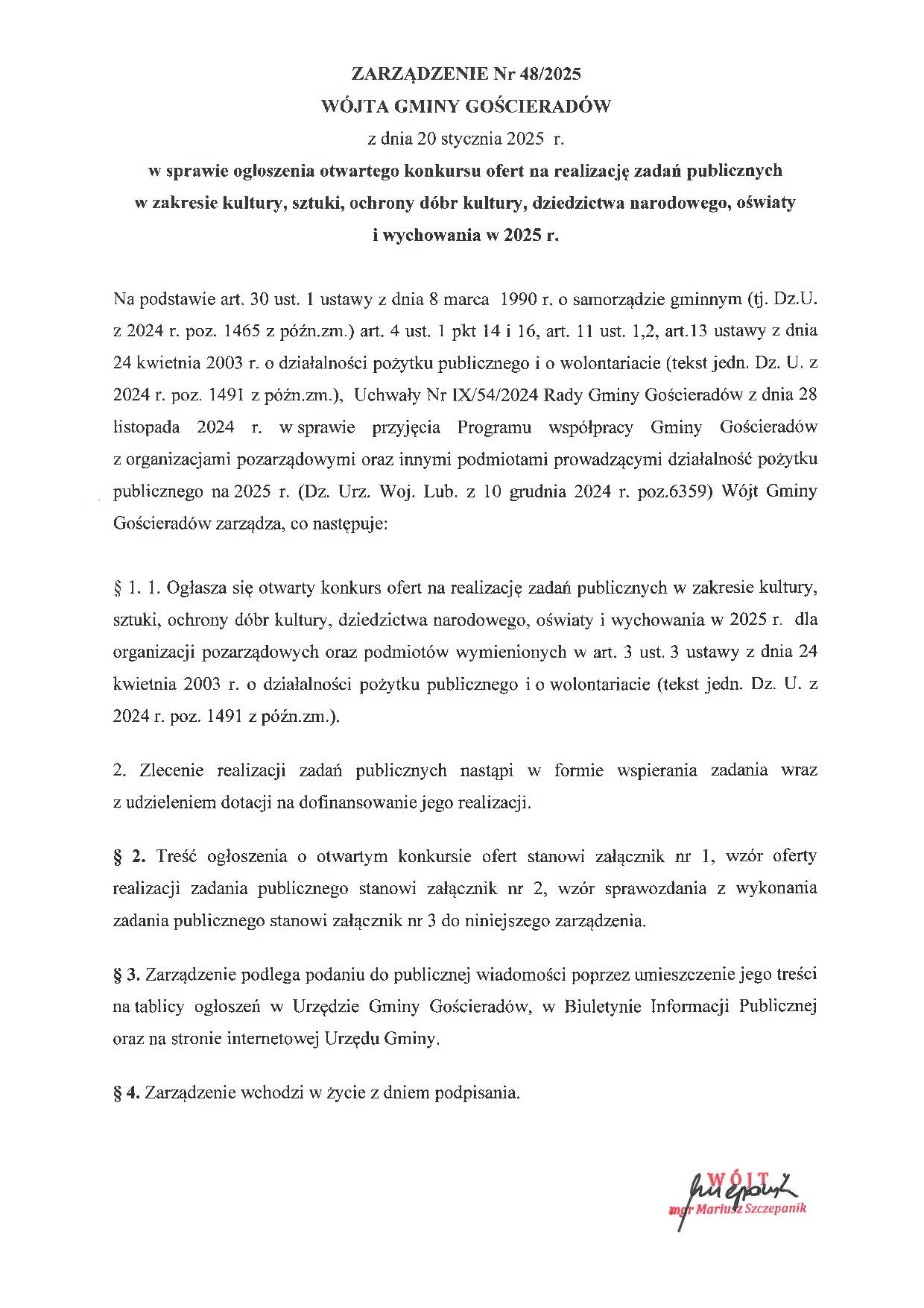 Zdjęcie zarządzenia nr 48