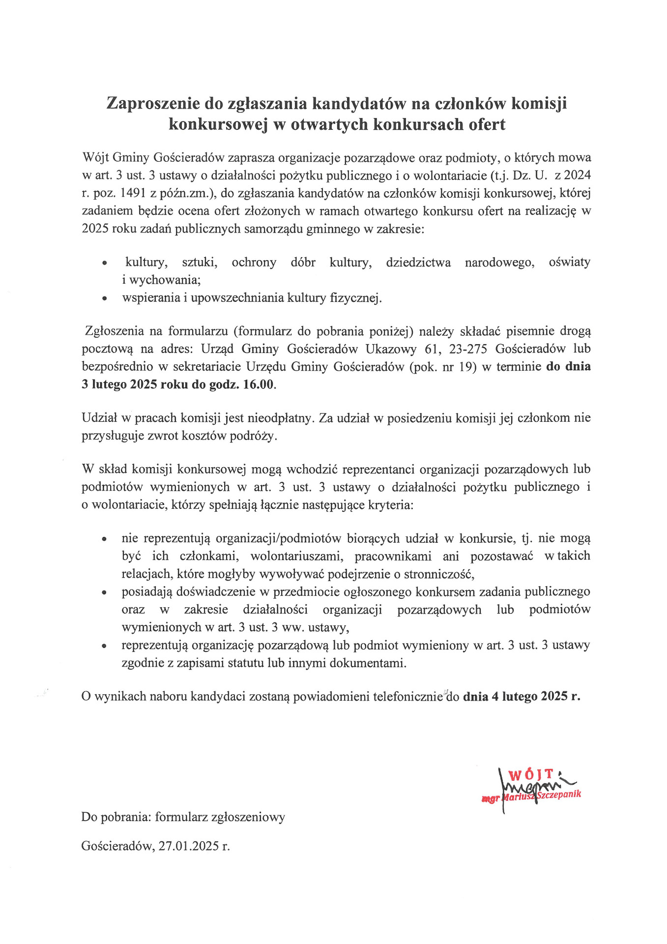 Zdjęcie zaproszenia z informacją do zgłaszania kandydatów na członków komisji konkursowej w otwartych konkursach ofert