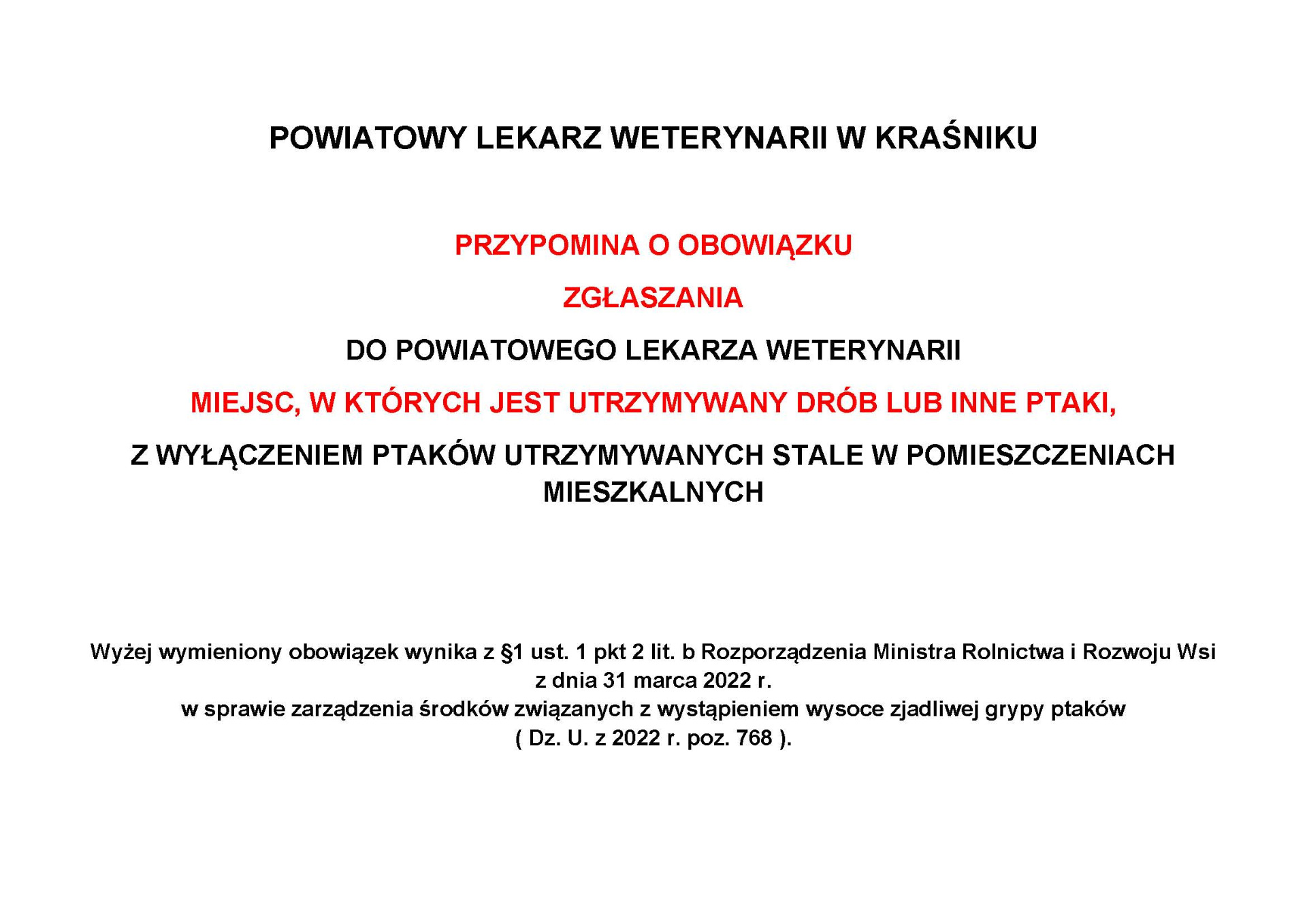 Zdjęcie informacji dotyczącej obowiązku zgłaszania do PLW miejsc utrzymywania drobiu