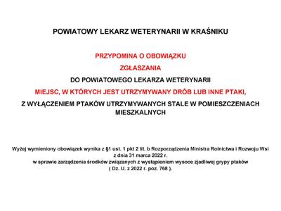 Zdjęcie informacji dotyczącej obowiązku zgłaszania do PLW miejsc utrzymywania drobiu