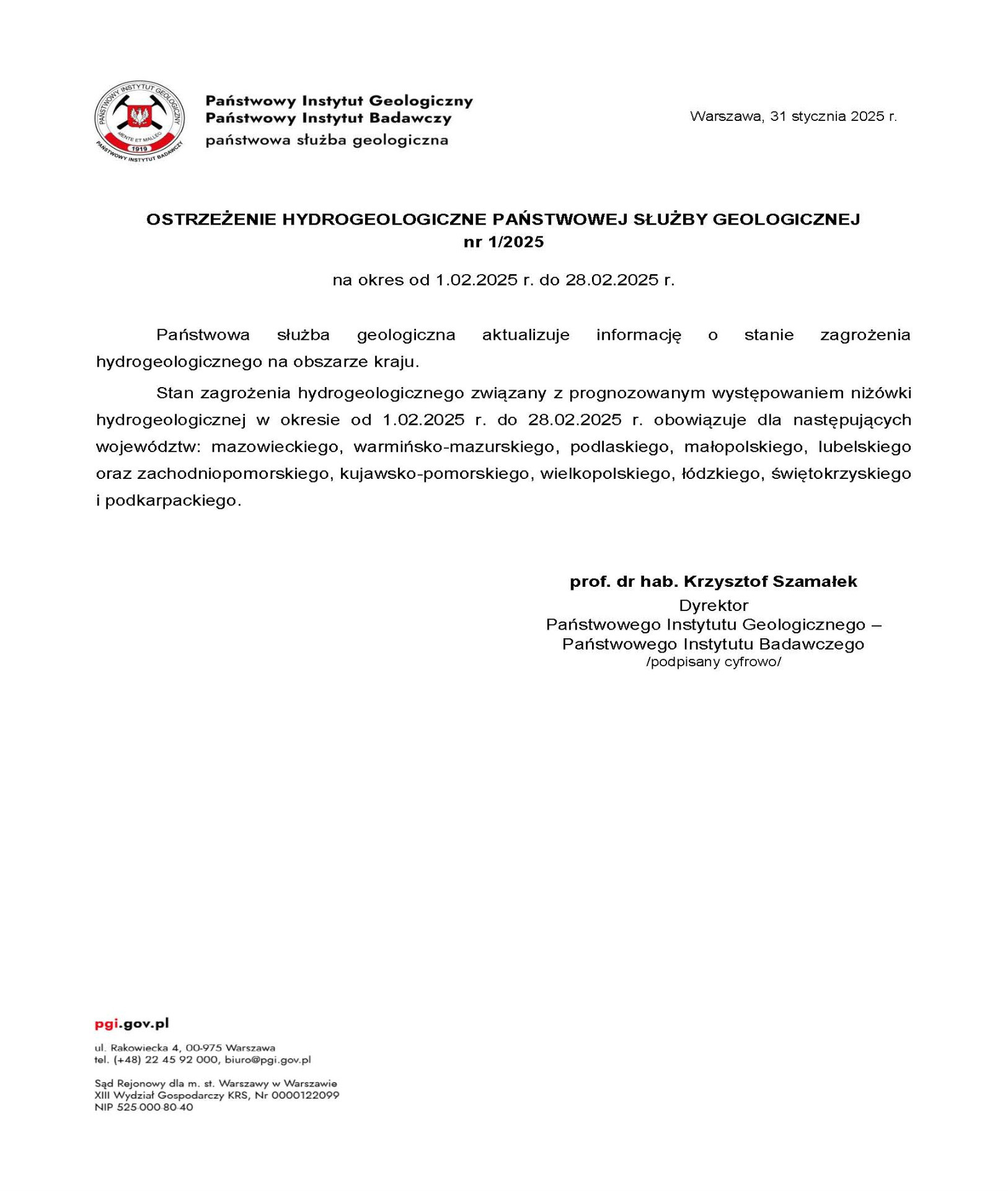 Zdjęcie ostrzeżenia hydrogeologicznego nr 1_2025