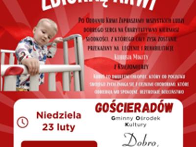 Zdjęcie plakatu z akcją krwiodawstwa i charytatywnym kiermaszem słodkości dla chłopca