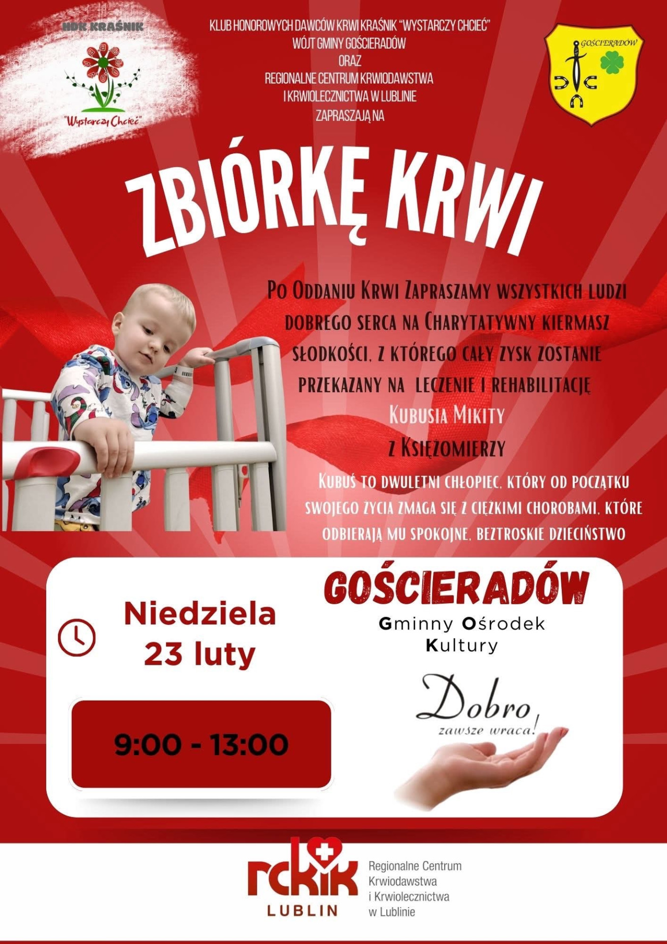 Zdjęcie plakatu z akcją krwiodawstwa i charytatywnym kiermaszem słodkości dla chłopca