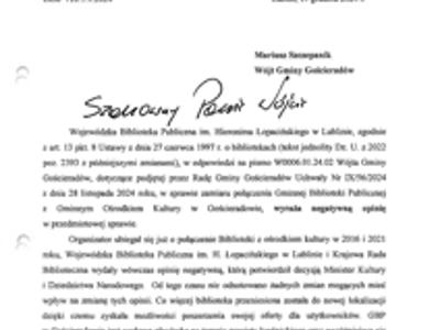 Zdjęcie pisma dotyczacego negatywnej opini Wojewódzkiej Biblioteki Publicznej im. Hieronima Łopacińskiego w Lublinie