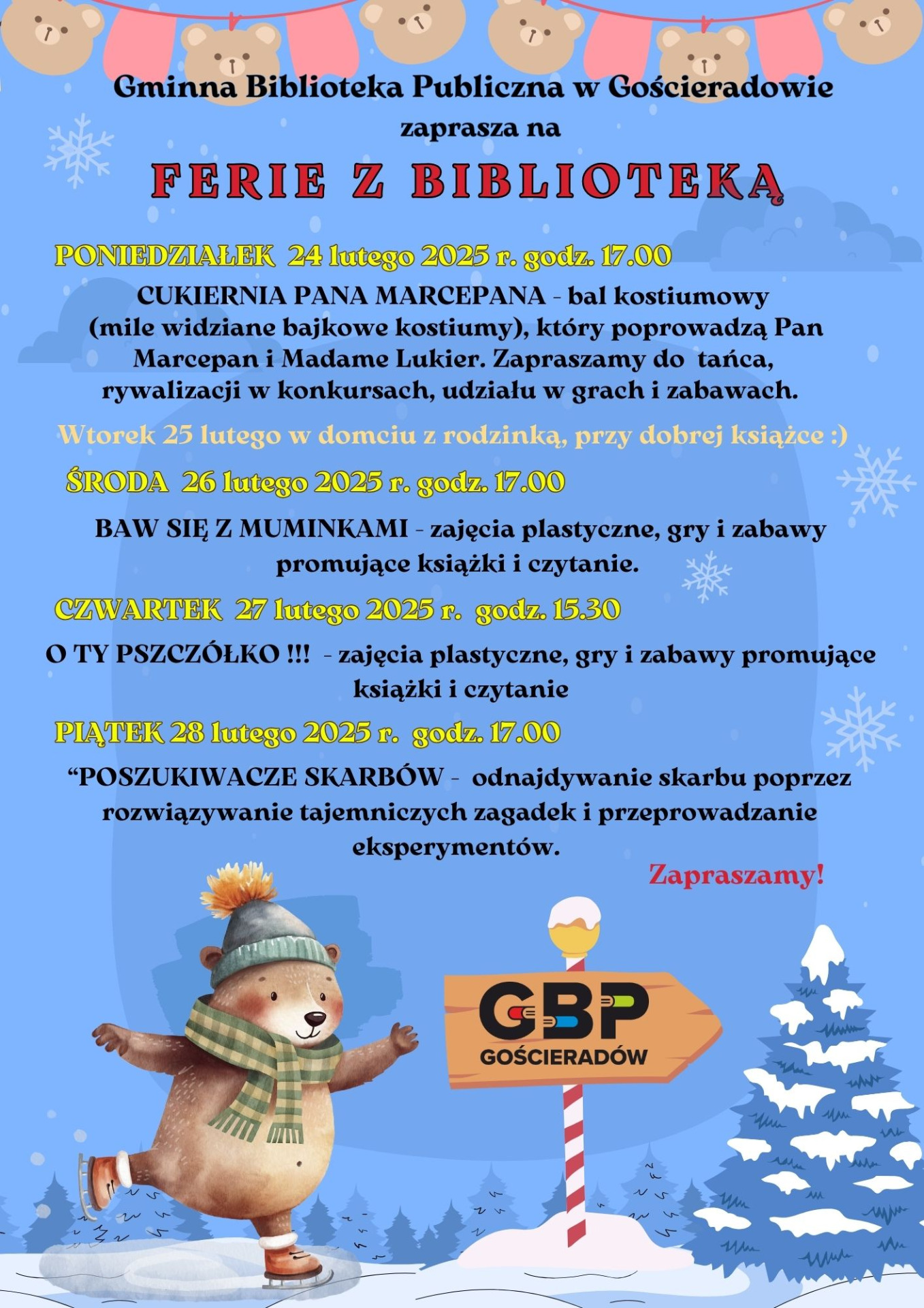Plakat dotyczący ferii z biblioteką