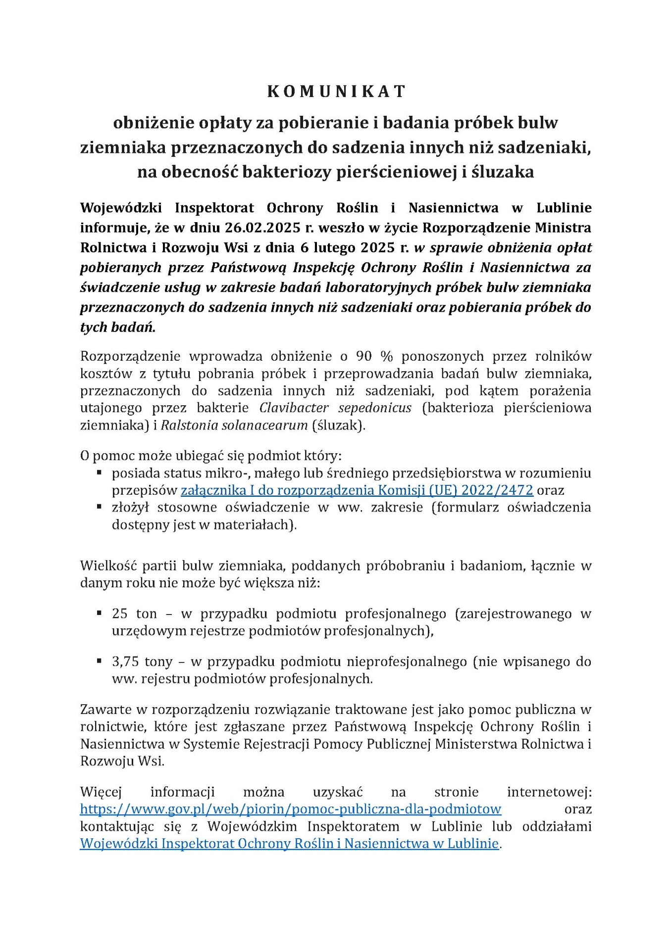 Zdjęcie informacji o pomocy publicznej dla producentów ziemniaka