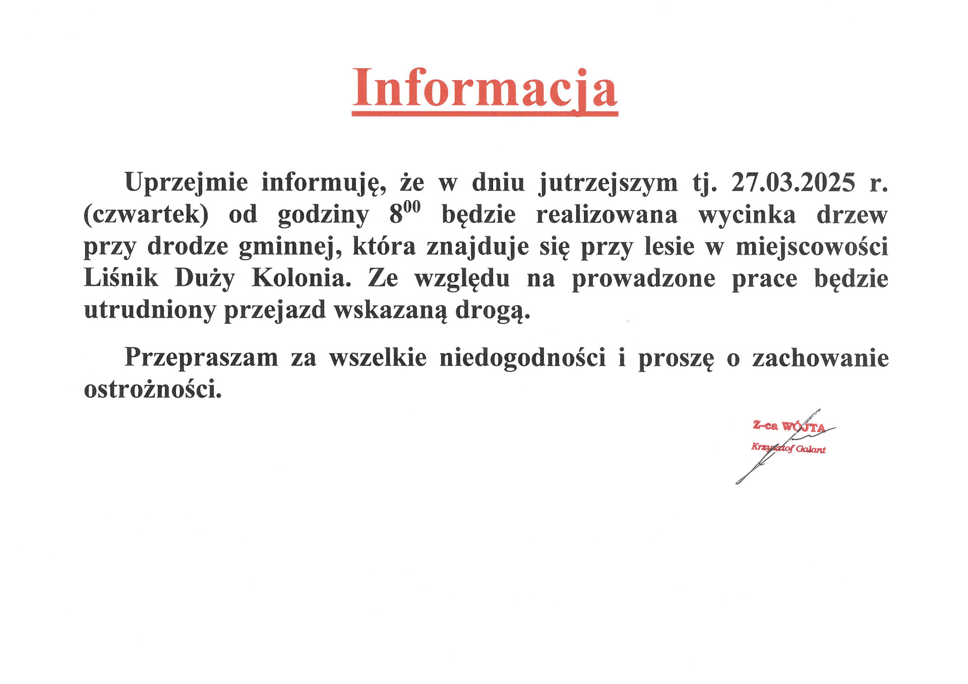 Zdjęcie informacji dotyczącej wycinki drzew przy drodze
