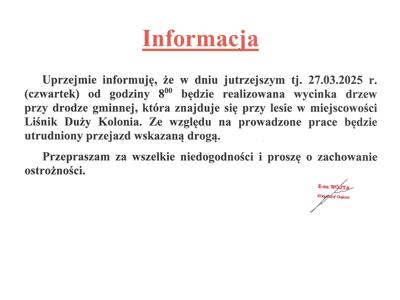 Zdjęcie informacji dotyczącej wycinki drzew przy drodze