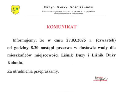Zdjęcie komunikatu o przerwie w dostawie wody